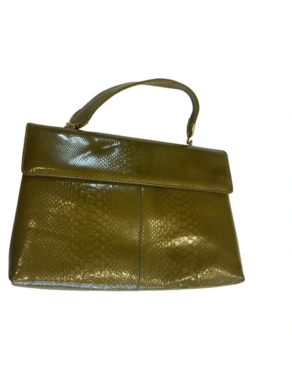 Vintage Olive Green Faux Snakeskin Top Handle Purse Gold Turn Lock Structured